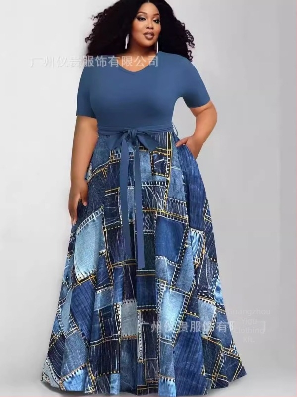plus size szabadidőruha, Európa és az Egyesült Államok határain átnyúló új női divatos nyomtatott színkontrasztos ruha