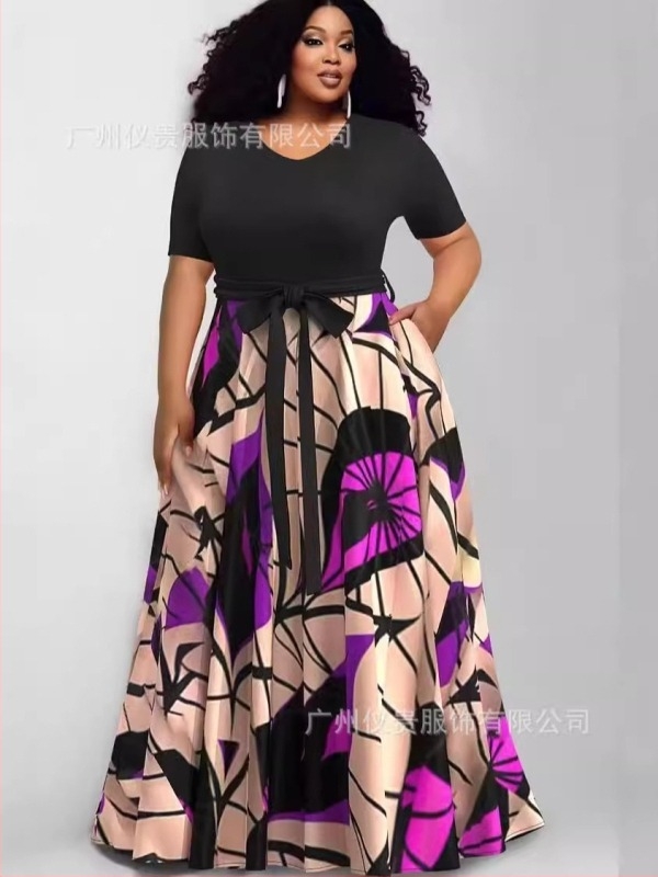 plus size szabadidőruha, Európa és az Egyesült Államok határain átnyúló új női divatos nyomtatott színkontrasztos ruha