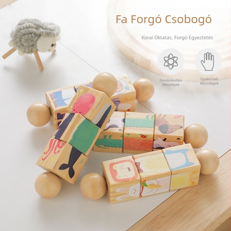 Határokon átnyúló gyermek kézi csörgő fa forgó állatos blokk kirakós baba megragadó korai nevelés forgó párosító játék