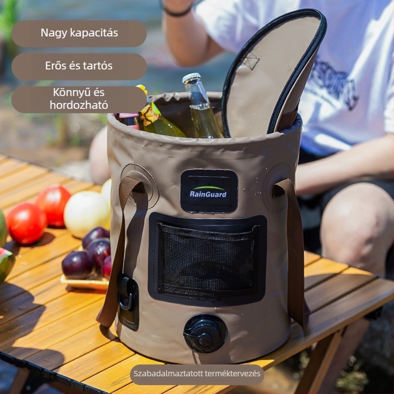 Kültéri összecsukható vödör Hordozható vödör szeleppel Kemping nagy kapacitású kerek kézi vödör fedéllel Horgászvödör