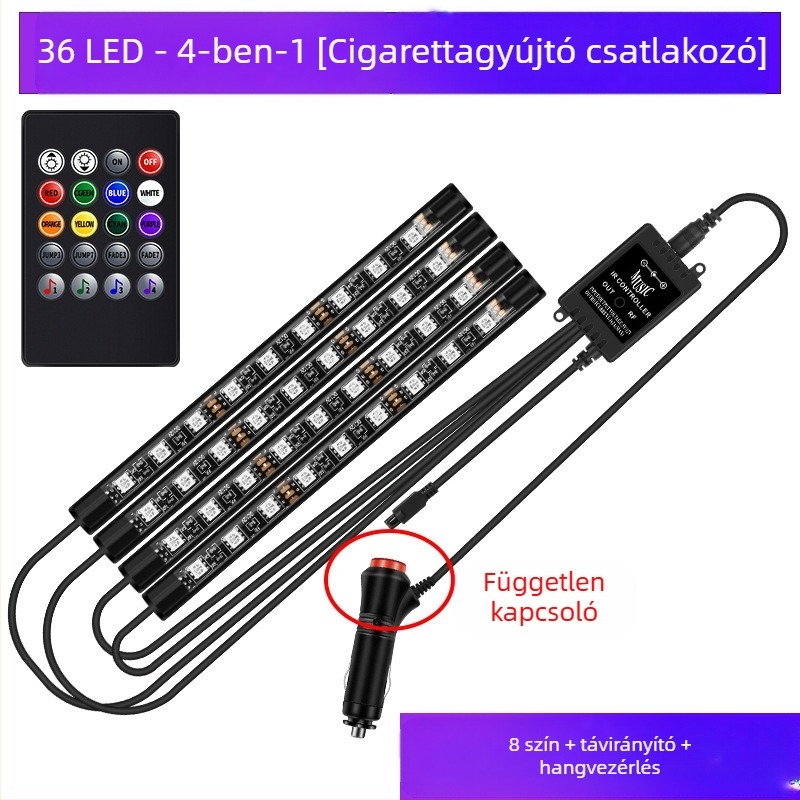 Autó fényszóró autó belső módosítás nélküli led színes gázlámpa autó usb talpú belső lámpa zenei ritmuslámpa