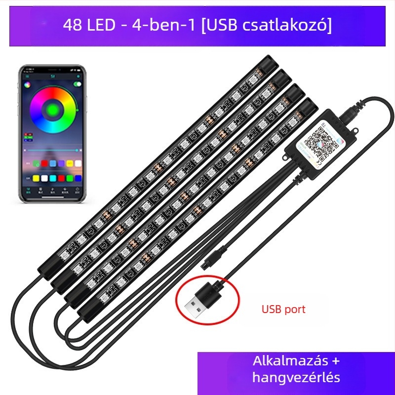 Autó fényszóró autó belső módosítás nélküli led színes gázlámpa autó usb talpú belső lámpa zenei ritmuslámpa