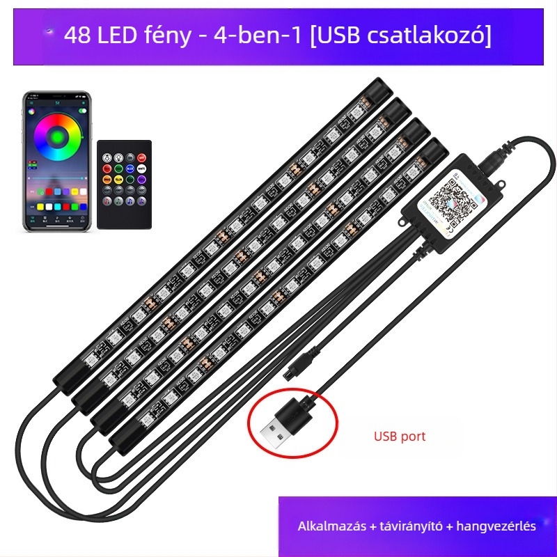 Autó fényszóró autó belső módosítás nélküli led színes gázlámpa autó usb talpú belső lámpa zenei ritmuslámpa