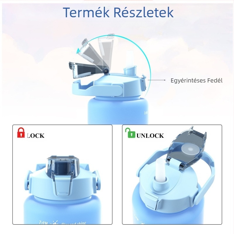 Háromrészes pohárkészlet, színátmenetes színű műanyag vizespohár, sport kulacs, felnyitható tető, szivárványszínű pohárkészlet, hordozható, szivárgásmentes