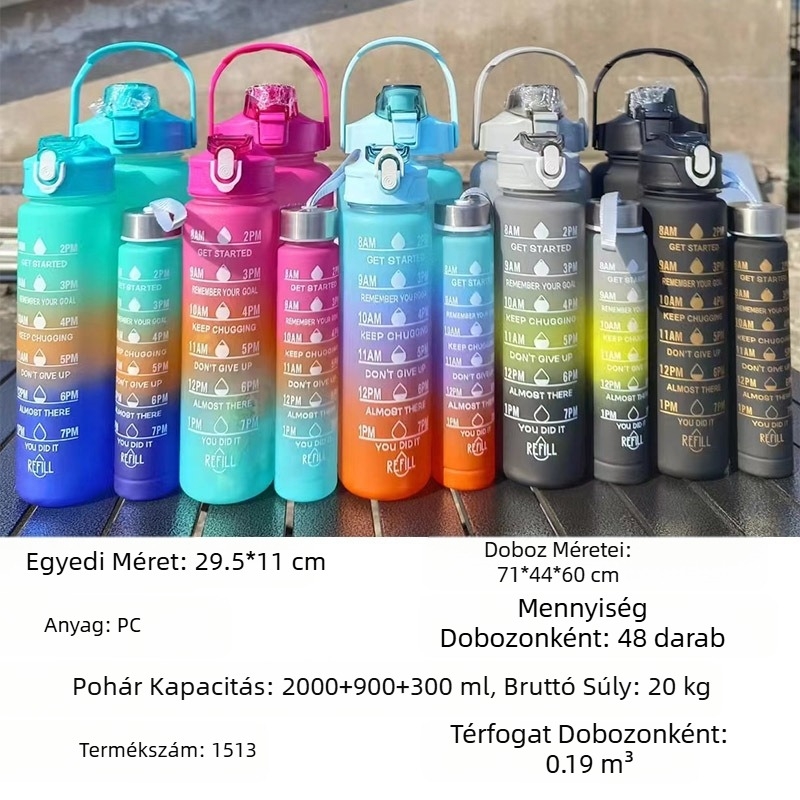 Háromrészes pohárkészlet, színátmenetes színű műanyag vizespohár, sport kulacs, felnyitható tető, szivárványszínű pohárkészlet, hordozható, szivárgásmentes