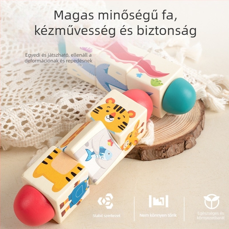Gyermek fa állatos forgó kirakós háromdimenziós építőelemek óvoda baba kéz-szem koordinációt fejlesztő oktatójátékok