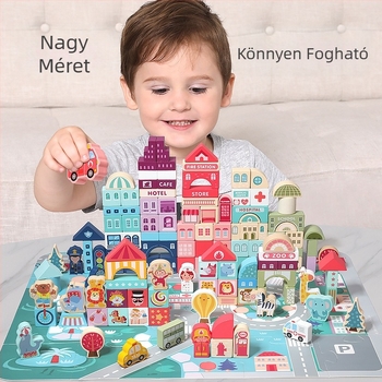 cpc gyermek fa építőkockák város utcakép színes karakter állat autó nagy részecske építőkockák hordós játék