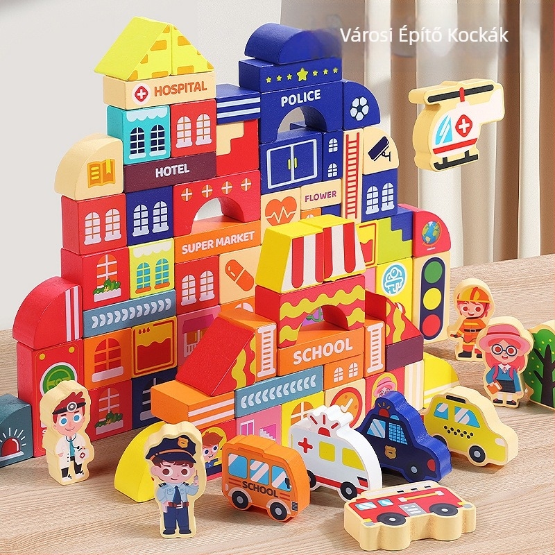 cpc gyermek fa építőkockák város utcakép színes karakter állat autó nagy részecske építőkockák hordós játék
