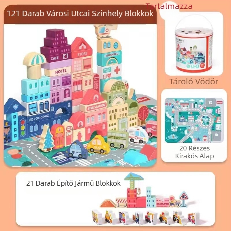 cpc gyermek fa építőkockák város utcakép színes karakter állat autó nagy részecske építőkockák hordós játék
