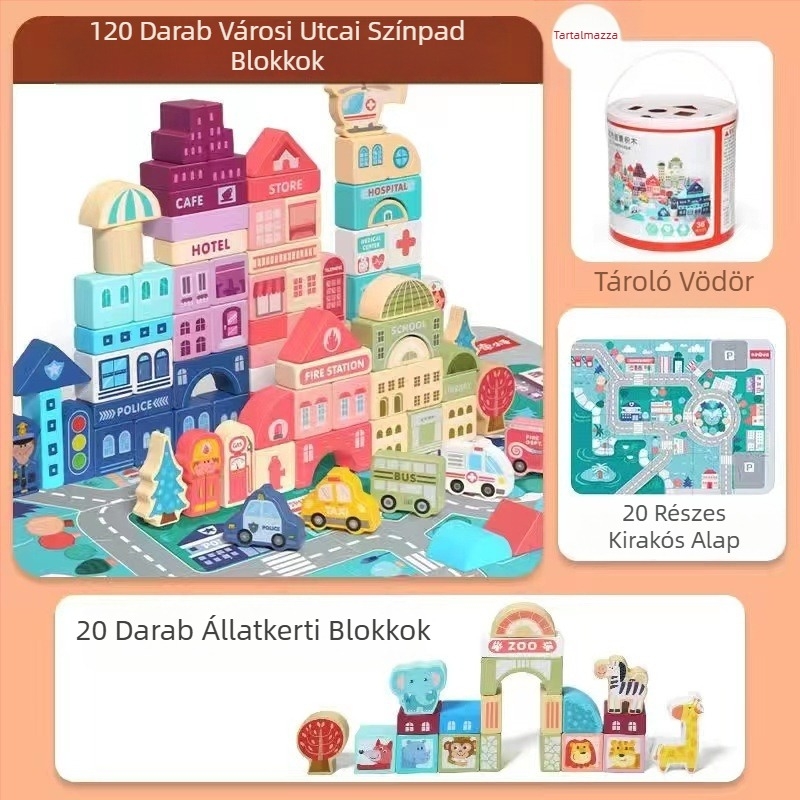 cpc gyermek fa építőkockák város utcakép színes karakter állat autó nagy részecske építőkockák hordós játék