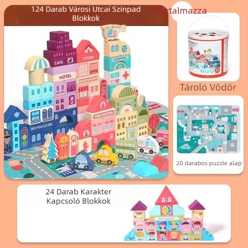 cpc gyermek fa építőkockák város utcakép színes karakter állat autó nagy részecske építőkockák hordós játék