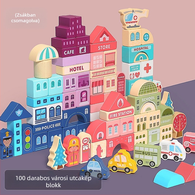 cpc gyermek fa építőkockák város utcakép színes karakter állat autó nagy részecske építőkockák hordós játék