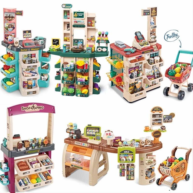 Határokon átnyúló gyermek szimulációs szupermarket fagylalt bevásárlókocsi készlet hitelkártya-szkenner családi pénztáros szupermarket játékok