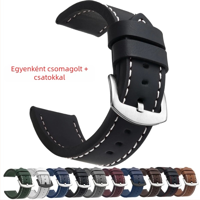 Külkereskedelmi divatos valódi bőr univerzális élszíj, uniszex 18mm, 20mm, 22mm, 24mm, ezüst csattal, fekete csattal