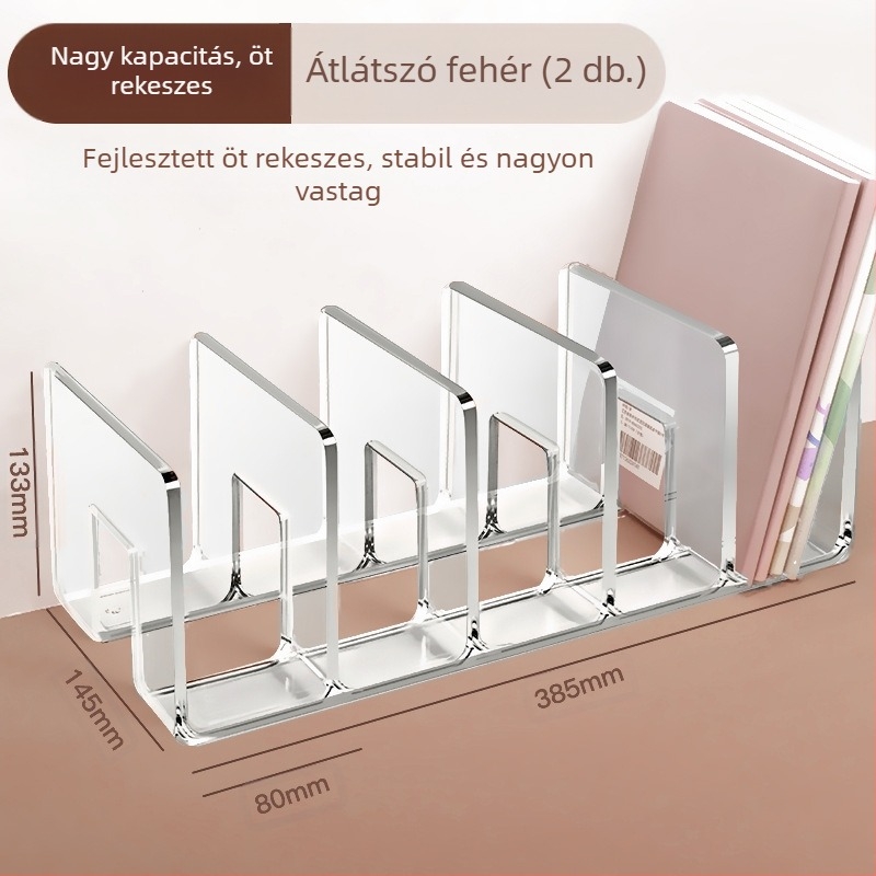 Könyvesállvány, olvasóállvány, könyvcsipesz, asztali könyvespolc, asztali fix könyvtároló állvány, elválasztó, átlátszó akril