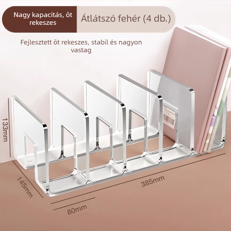 Könyvesállvány, olvasóállvány, könyvcsipesz, asztali könyvespolc, asztali fix könyvtároló állvány, elválasztó, átlátszó akril