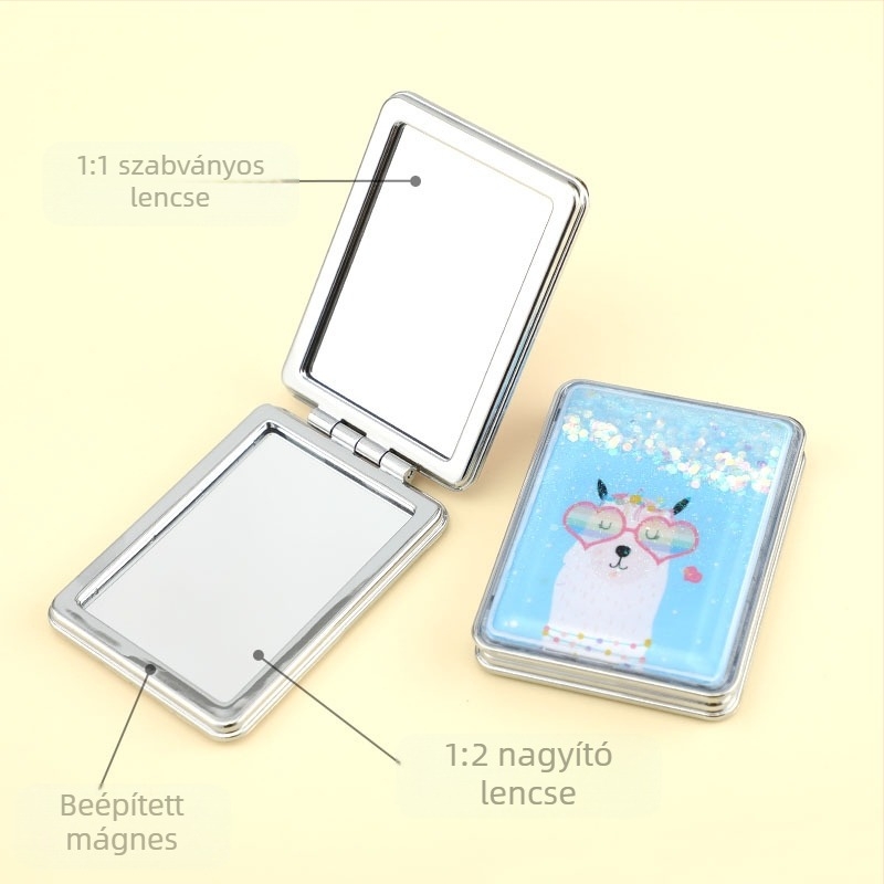 Hordozható sminktükör raktáron, téglalap alakú, divatos, folyékony homok szépségtükör, női kétoldalas, összecsukható mini sminktükör