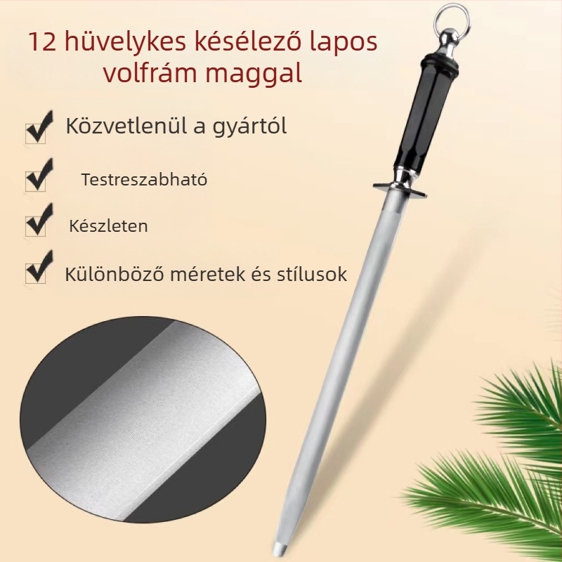 12 hüvelykes volfrám acél lapos finomszemcsés késcsiszoló pálca háztartási vágóhidak értékesítésére szolgáló húscsiszoló pálca gyors speciális késcsiszoló professzionális késcsiszoló