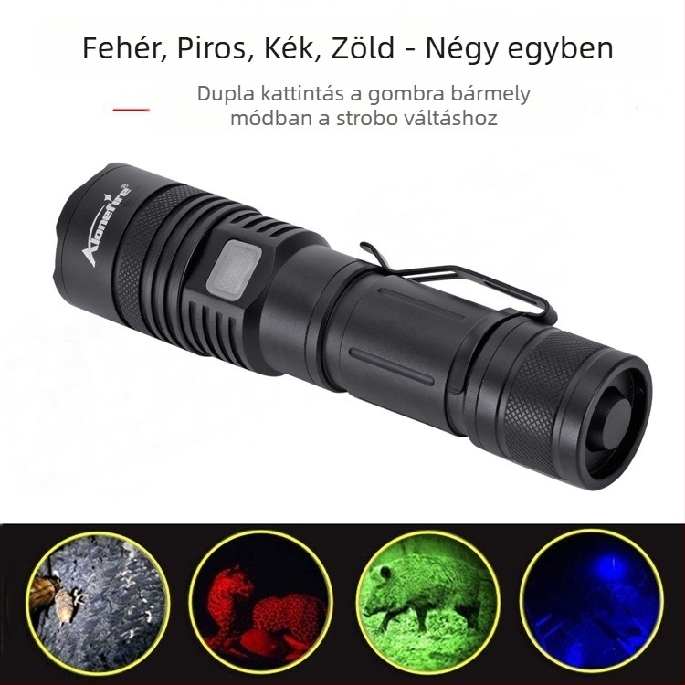 X37 határokon átnyúló új, négyszínű, erős fényű zseblámpa, USB újratölthető, fehér fényű, piros fényű, zöld fényű, kék fényű zseblámpa