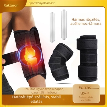 Sport könyökrögzítő acéllemezes támasztékkal, állítható kompressziós karpánttal a rándulás utáni felépüléshez és az ütések elleni védelemhez