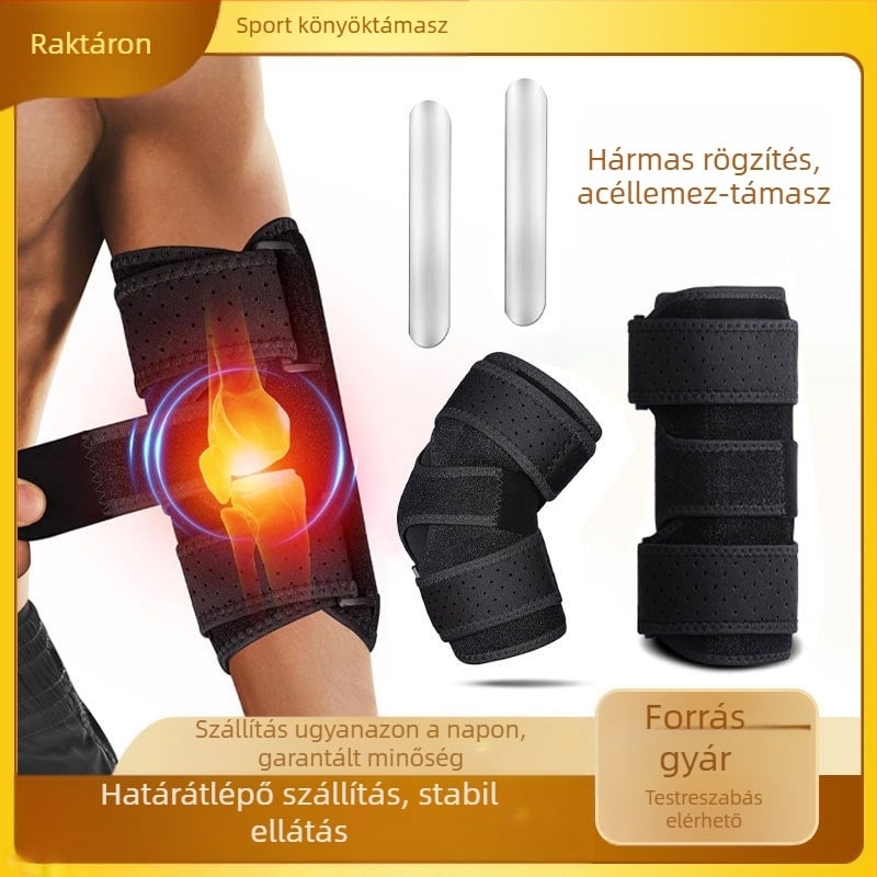 Sport könyökrögzítő acéllemezes támasztékkal, állítható kompressziós karpánttal a rándulás utáni felépüléshez és az ütések elleni védelemhez