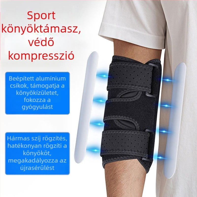 Sport könyökrögzítő acéllemezes támasztékkal, állítható kompressziós karpánttal a rándulás utáni felépüléshez és az ütések elleni védelemhez