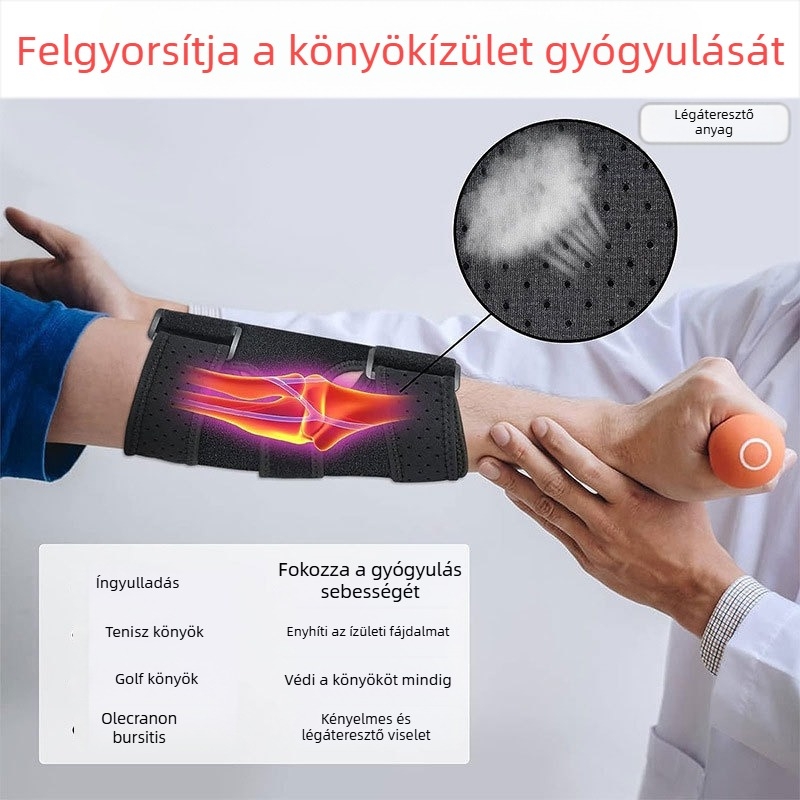 Sport könyökrögzítő acéllemezes támasztékkal, állítható kompressziós karpánttal a rándulás utáni felépüléshez és az ütések elleni védelemhez