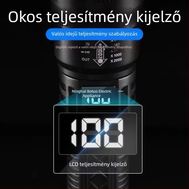 Határokon átnyúló multifunkcionális műanyag zseblámpa szuper nagy hatótávolságú kültéri erős fényű zseblámpa zoom digitális kijelző töltés P50 zseblámpa