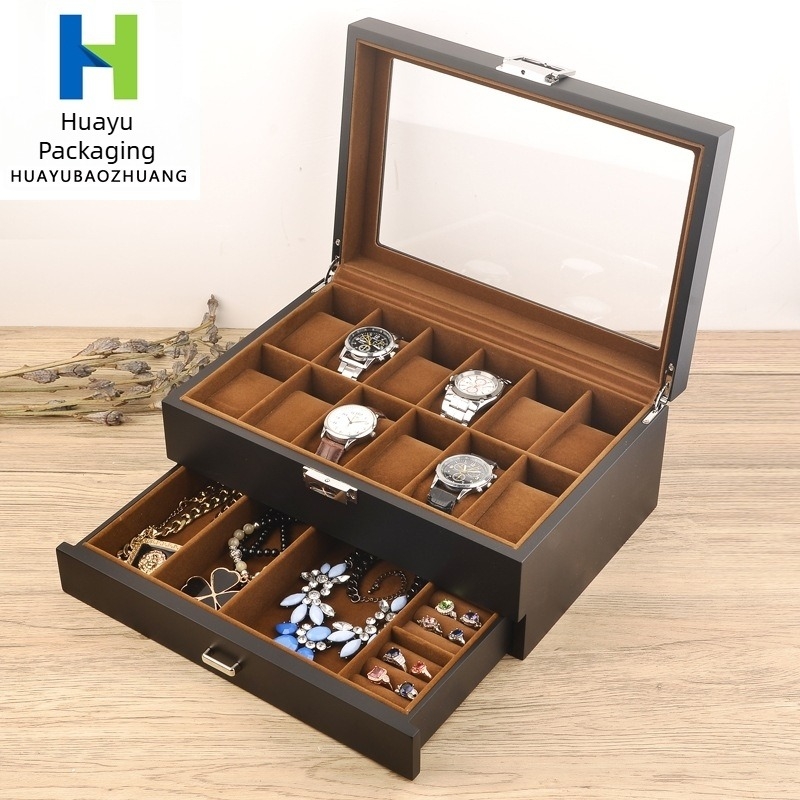 Új óradoboz spot nagykereskedelmi fekete matt 12 kétrétegű óra ékszerdoboz fa festék ékszertároló doboz