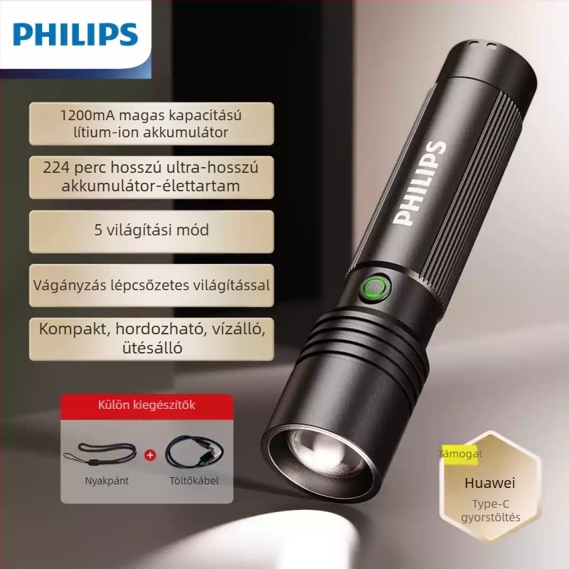 Philips SFL2146 zseblámpa, zoom, szuperfényes, C típusú, töltős, háztartási, kisméretű, kültéri, kempinglámpa, vészhelyzeti használatra.