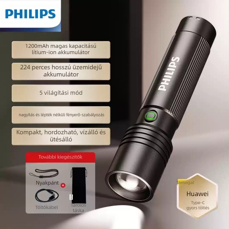 Philips SFL2146 zseblámpa, zoom, szuperfényes, C típusú, töltős, háztartási, kisméretű, kültéri, kempinglámpa, vészhelyzeti használatra.