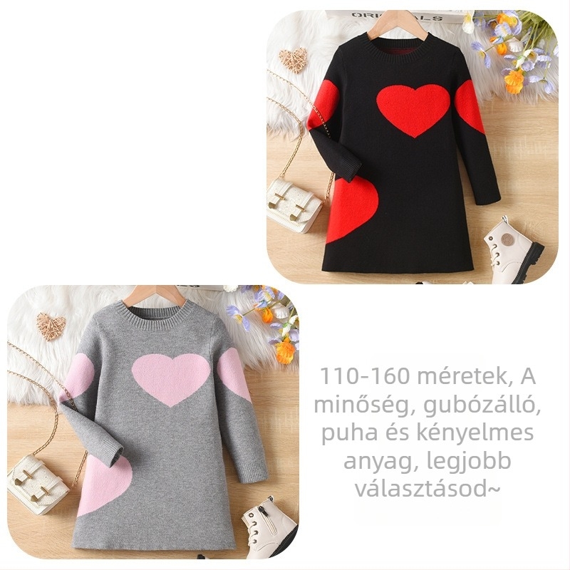 Lányka kötött ruha 2024 őszi és téli új nagyméretű gyermek szerelem kerek nyakú szoknya külföldi stílusú gyermek pulóverruha