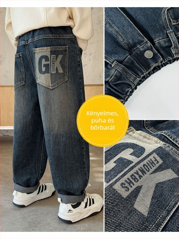 Z1326 Early Yang gyermek 2025 tavaszi bő farmernadrág nagy gyermek divatos western stílusú hosszú nadrág gyermek tavasz és ősz