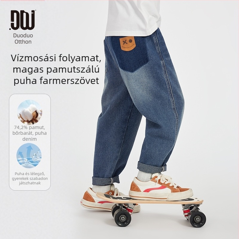 Duoduo fiú farmernadrág 2025 tavaszi és őszi magas szárú pamut mosott puha kényelmes gyermek sokoldalú divatos hétköznapi nadrág