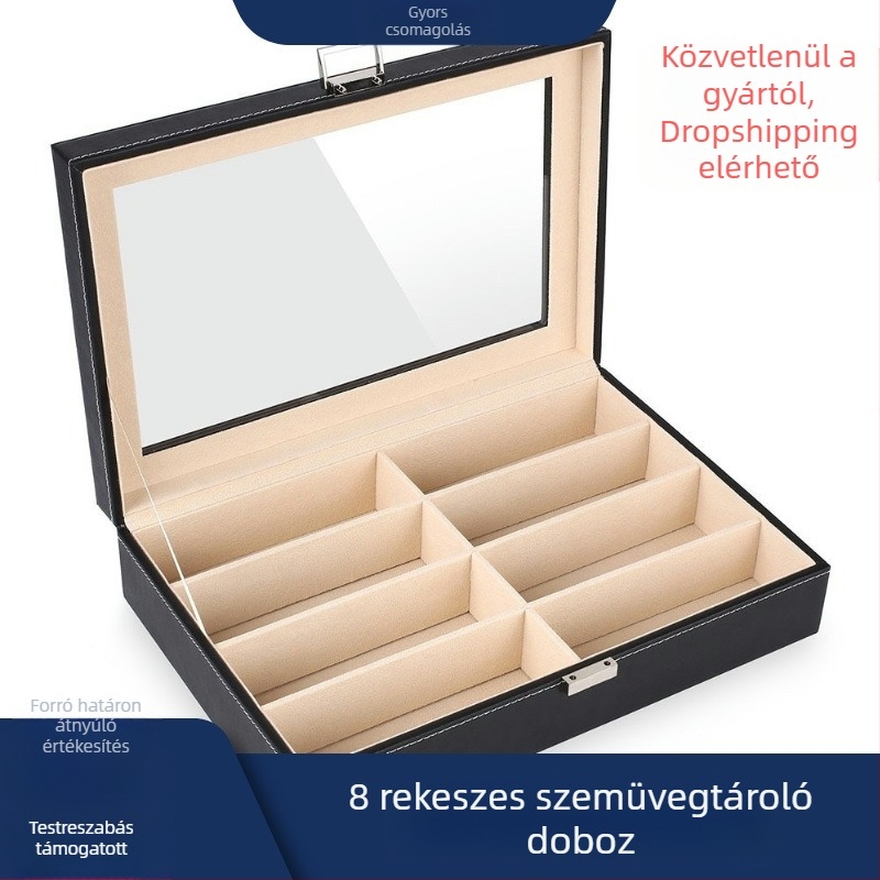Határokon átnyúló, nagykereskedelmi, 8 rekeszes, kézzel készített, utazó tárolódoboz, napszemüveg, szemüveg, antik bőrdoboz