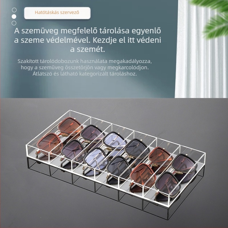 Több rekeszes akril szemüveg- és napszemüvegtároló doboz, kozmetikai és írószer-rendező doboz rekeszekkel egyéb tárgyakhoz