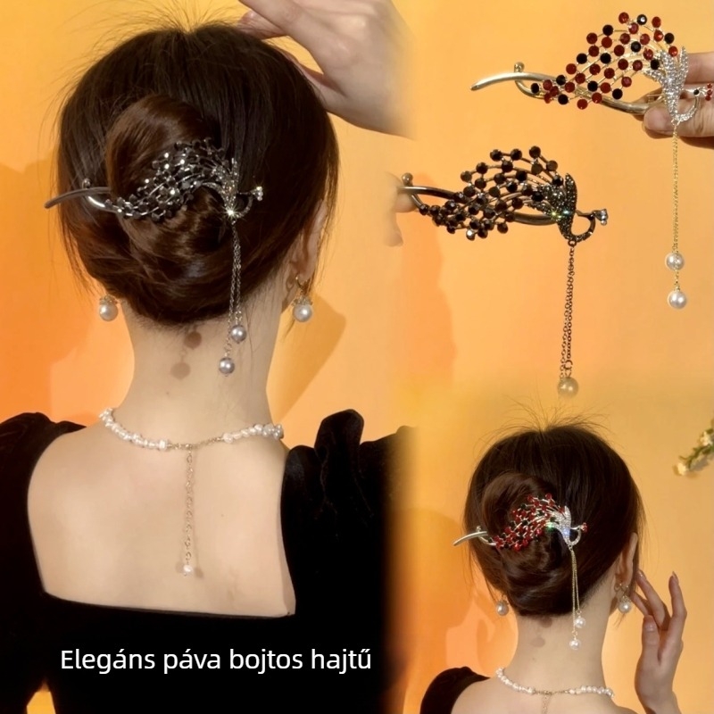 Ősi stílusú páva bojtos gyöngyös csavart klip Hanfu elegáns hajtű hajcsat hátsó fejű hajtű békacsat hajdíszek