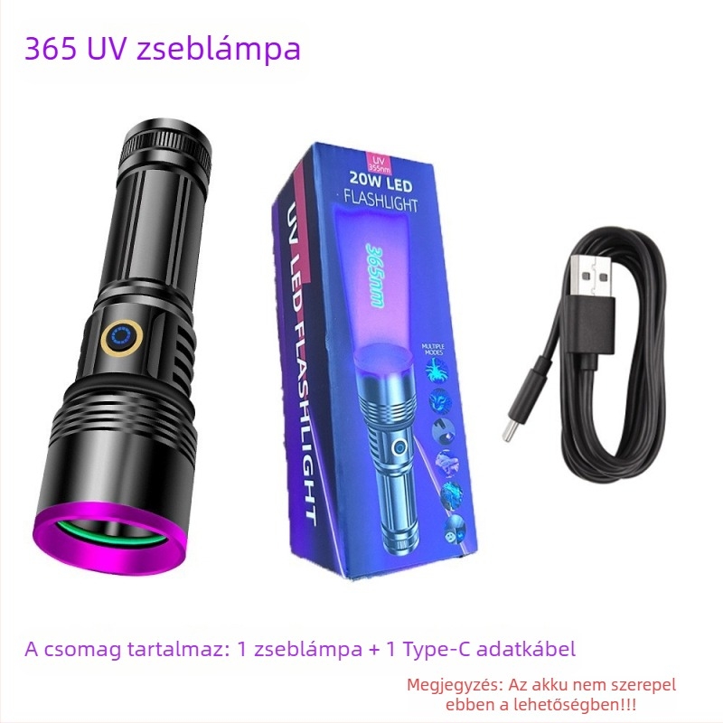 Nagy teljesítményű lila fényű zseblámpa 20 W-os nagykereskedelmi UV fekete tükör ékszer fluoreszcencia hamisítás elleni észlelés 365 nm-es lila fény raktáron