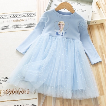 Lányka ruha 2025 őszi és téli baba pamut hosszú ujjú hálós ruha kislány csillag hercegnő Elsa ruha