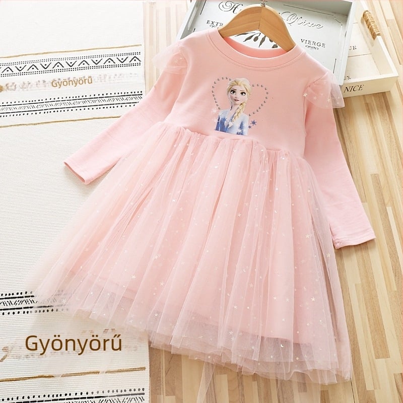 Lányka ruha 2025 őszi és téli baba pamut hosszú ujjú hálós ruha kislány csillag hercegnő Elsa ruha