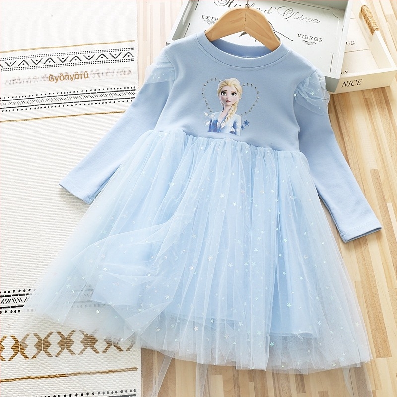 Lányka ruha 2025 őszi és téli baba pamut hosszú ujjú hálós ruha kislány csillag hercegnő Elsa ruha