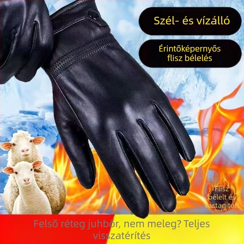 [Első rétegű kecskebőr] Bársony vastagított meleg kesztyű téli érintőképernyős csúszásgátló kesztyű motorkerékpározáshoz