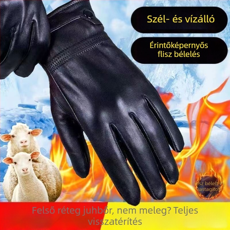 [Első rétegű kecskebőr] Bársony vastagított meleg kesztyű téli érintőképernyős csúszásgátló kesztyű motorkerékpározáshoz