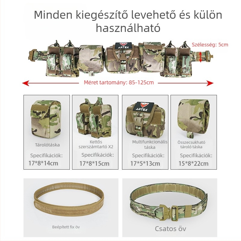 Artexmolle taktikai övszett, többfunkciós, kombinált járőr deréktömítés, nejlon, levehető, állítható, taktikai stílusú