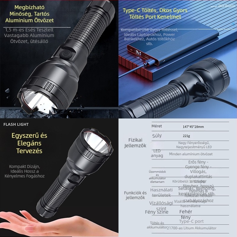 Erős fényű LED-es zseblámpa, ultrafényes, nagy hatótávolságú, nagy teljesítményű, ultrahosszú akkumulátor-élettartamú, újratölthető, kültéri túrázáshoz, vészvilágítással, zseblámpa