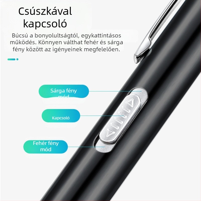 Újratölthető kettős fényforrású tanuló toll sárga fény fehér fény orvosi szájüregi ellenőrző lámpa rozsdamentes acél reggeli ellenőrző toll lámpa zseblámpa