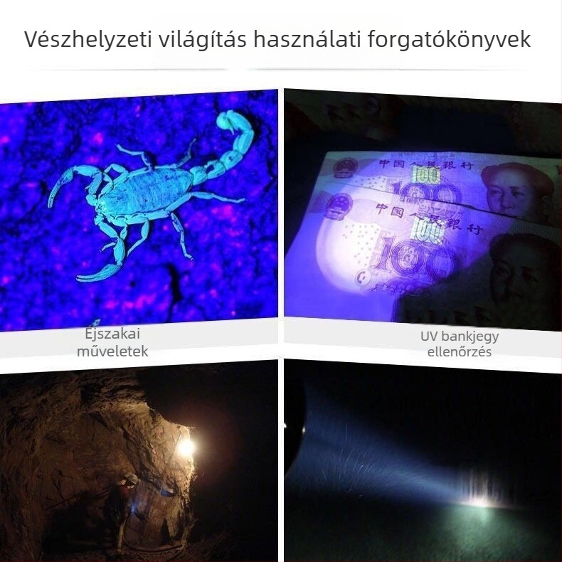 Skorpiólámpa kettős célú, dedikált skorpiólámpa lila fényű, erős fényű, szuperfényes, fejre szerelhető, töltős fejlámpa, kettős fényforrással