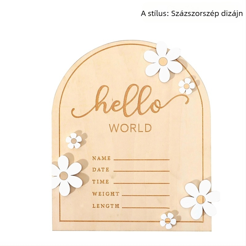 Határokon átnyúló, raktáron, baba, fából készült, Hello World, újszülött születési bejelentés, kézzel írott kellékek, mérföldkő kártya