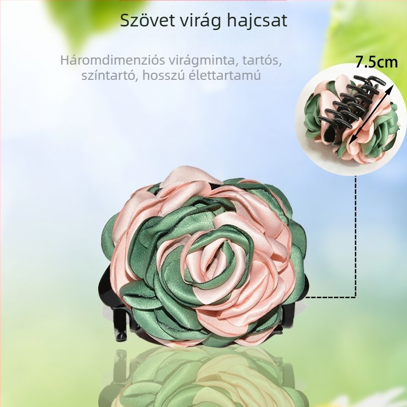 Új, háromszínű, kézzel készített, forró szélű, rózsavirágos, nagyméretű, női stílusú hajcsat, hajcsat