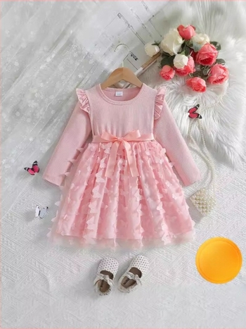 Amazon határokon átnyúló független állomás őszi és téli 2025 lányka háromdimenziós pillangós édes hálós öves hosszú ujjú ruha